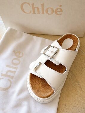 Chloé White Rebecca Leather Cork Footbed Slide Sandals